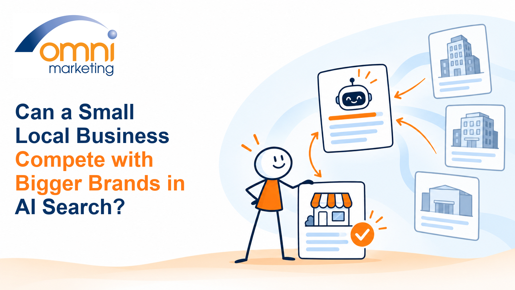 Illustration of a small local business appearing as a useful option beside larger businesses in an AI answer