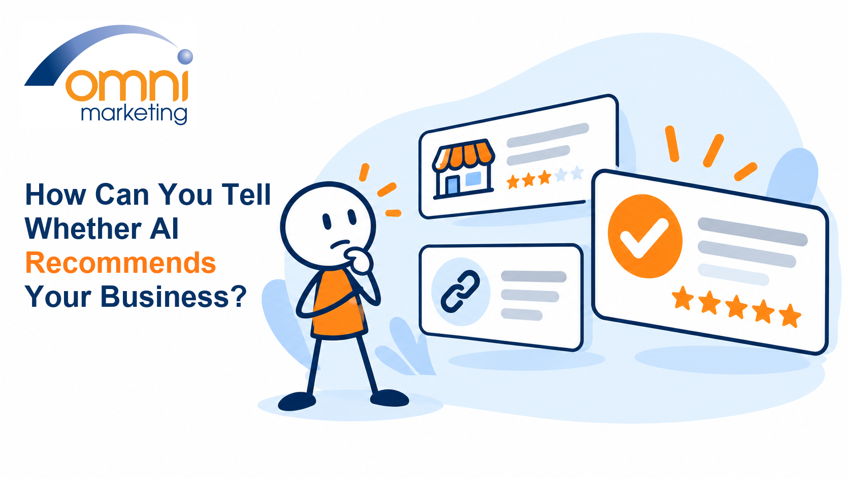 Omni Marketing illustration of a local business owner checking AI recommendation, source and business-result cards