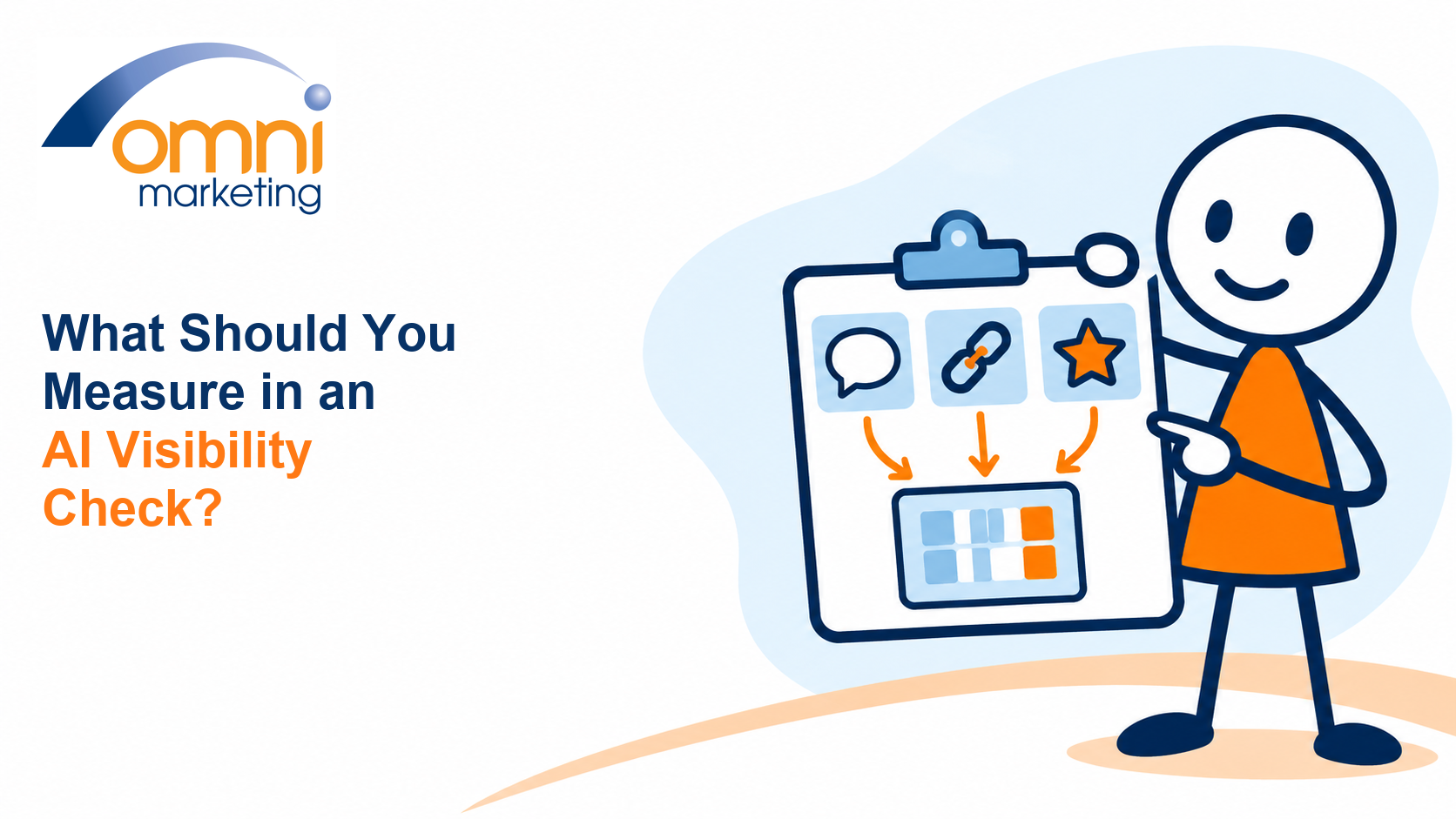Omni Marketing illustration of a local business owner measuring AI visibility with mention, citation and recommendation cards