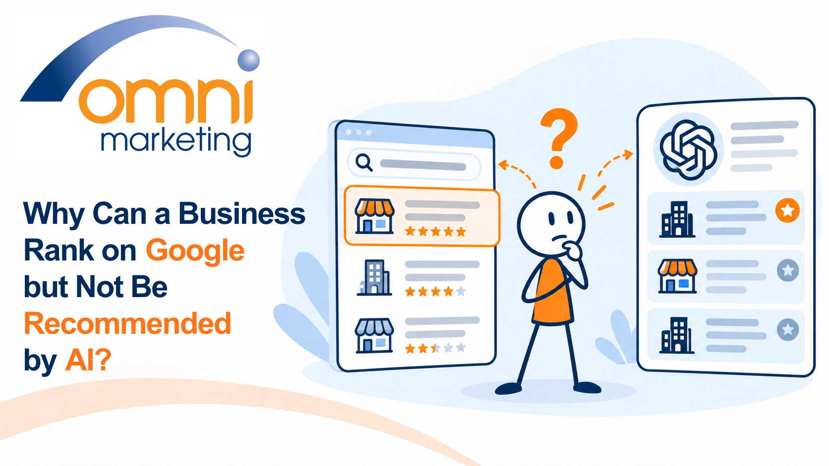 Illustration comparing a local business's Google search ranking with being selected in an AI answer